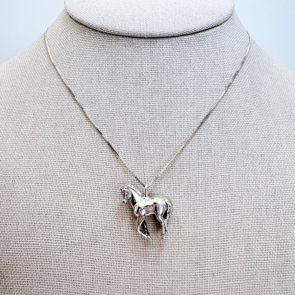 VTG Sterling Silver 925 Horse Pendant Box Link Chain Necklace Size 18" Length - Picture 1 of 14